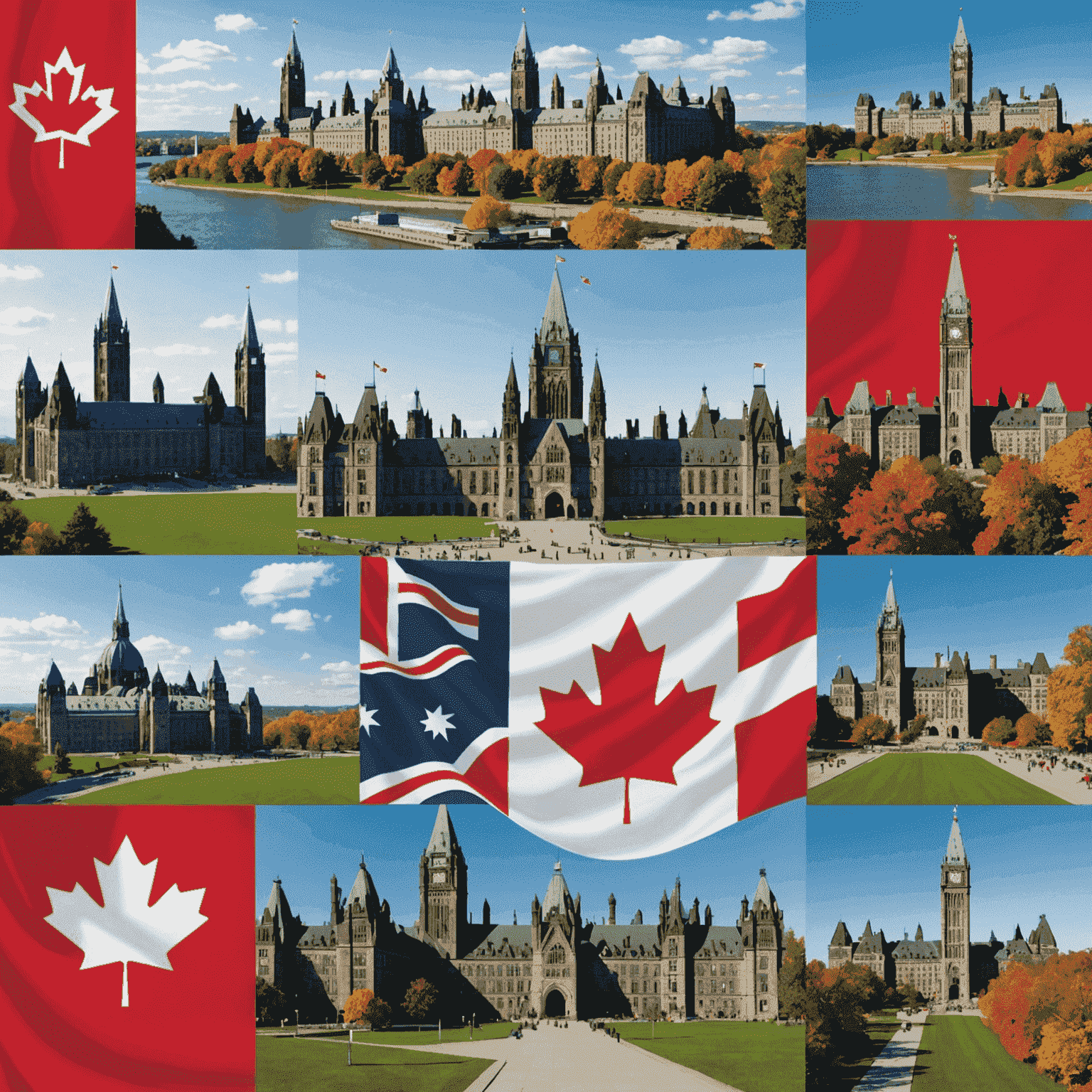 A collage of images depicting the Parliament Hill in Ottawa, the Canadian flag, and political figures