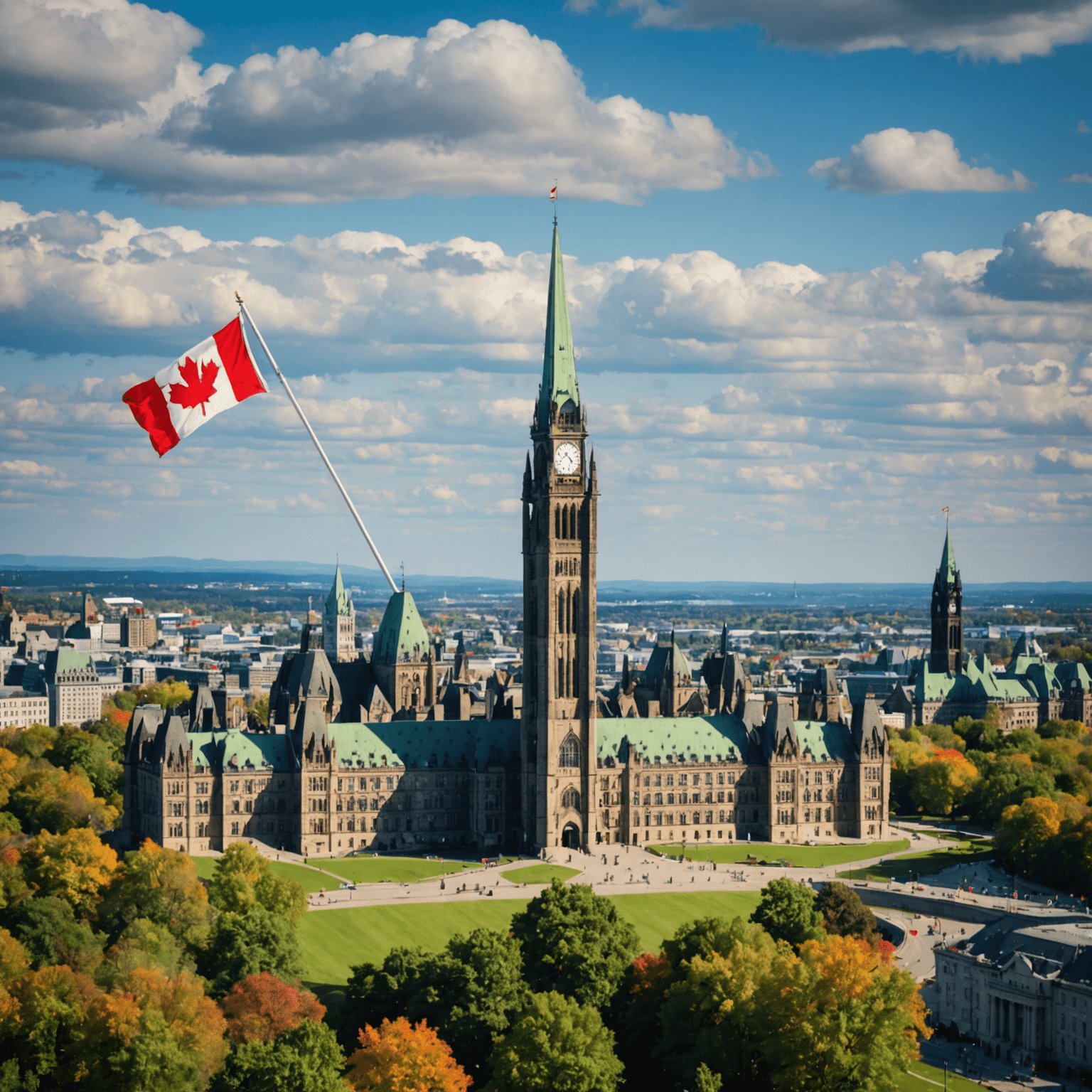 An image depicting the Parliament Hill in Ottawa, showcasing the iconic Peace Tower and the Canadian flag flying high, symbolizing the heart of Canadian politics.