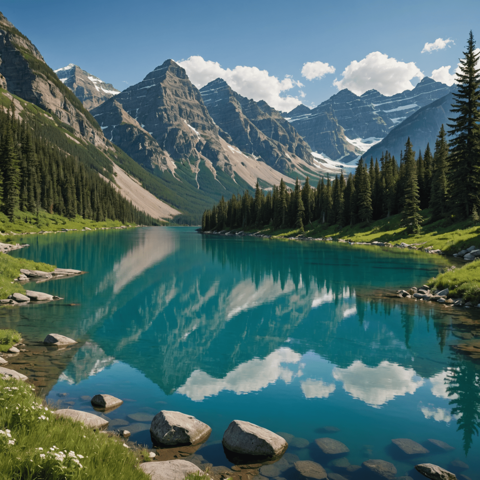 Scenic view of the Canadian Rocky Mountains with snow-capped peaks, lush green valleys, and a pristine blue lake in the foreground