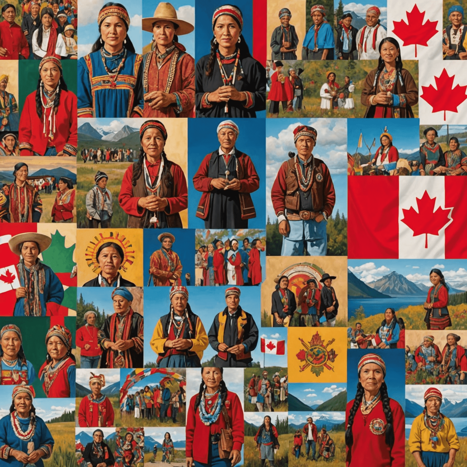 A collage of images representing the diverse cultures of Canada, including Indigenous art, multicultural festivals, and traditional clothing from various immigrant communities.