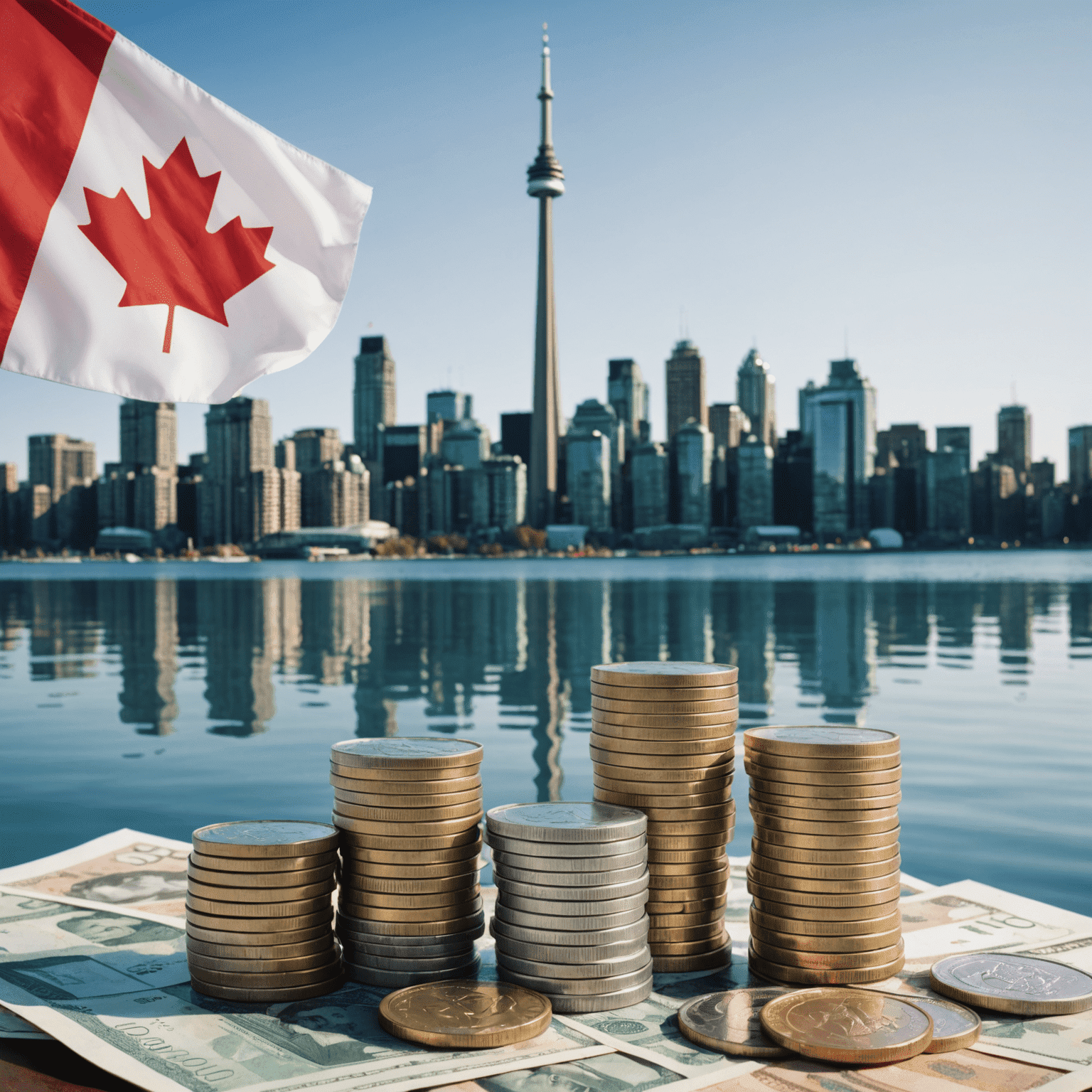 A graph showing Canada's projected economic growth, alongside images of Canadian currency and a bustling city skyline