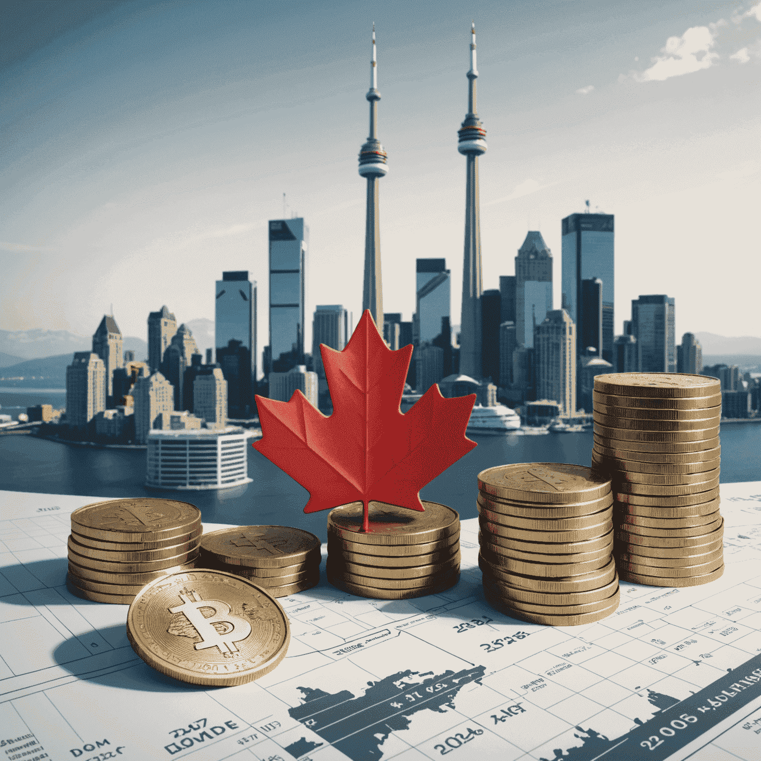 A graph showing an upward trend, representing Canada's projected economic growth for 2024, with a background featuring the Canadian currency and iconic business landmarks.