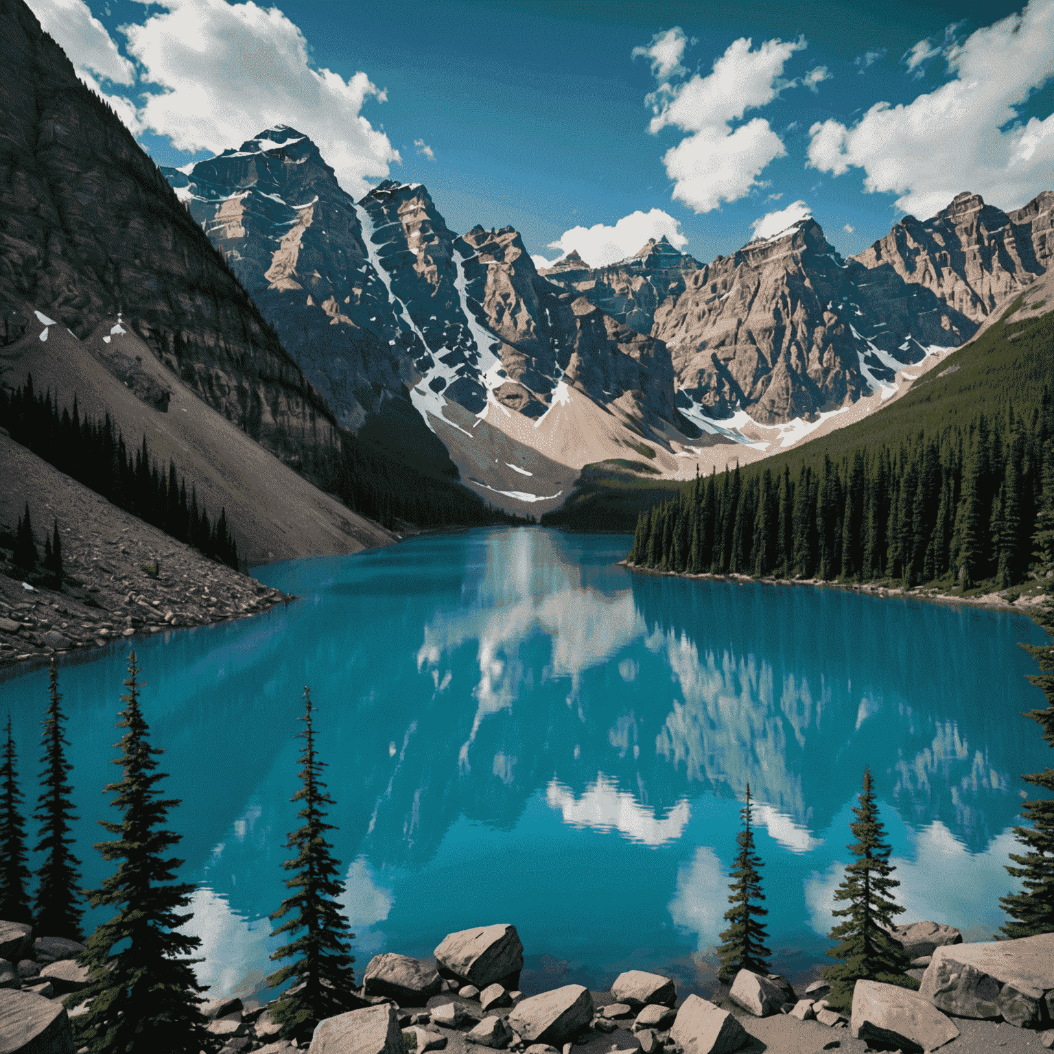 Majestic view of Moraine Lake in Banff National Park, with turquoise waters surrounded by towering, snow-capped peaks