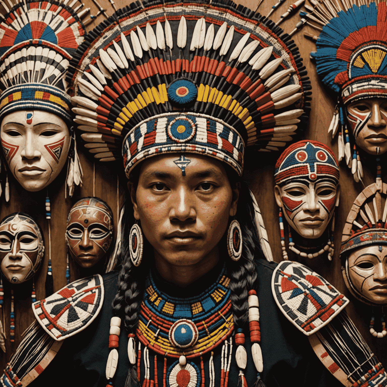 A showcase of Indigenous art, including intricate beadwork, colorful textiles, and carved wooden masks, alongside images of traditional Indigenous dances and ceremonies.