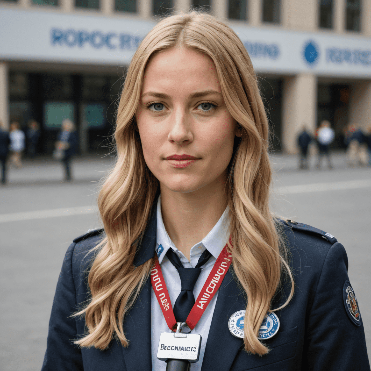 Photo of a young female journalist with long blonde hair, wearing a press badge and holding a microphone