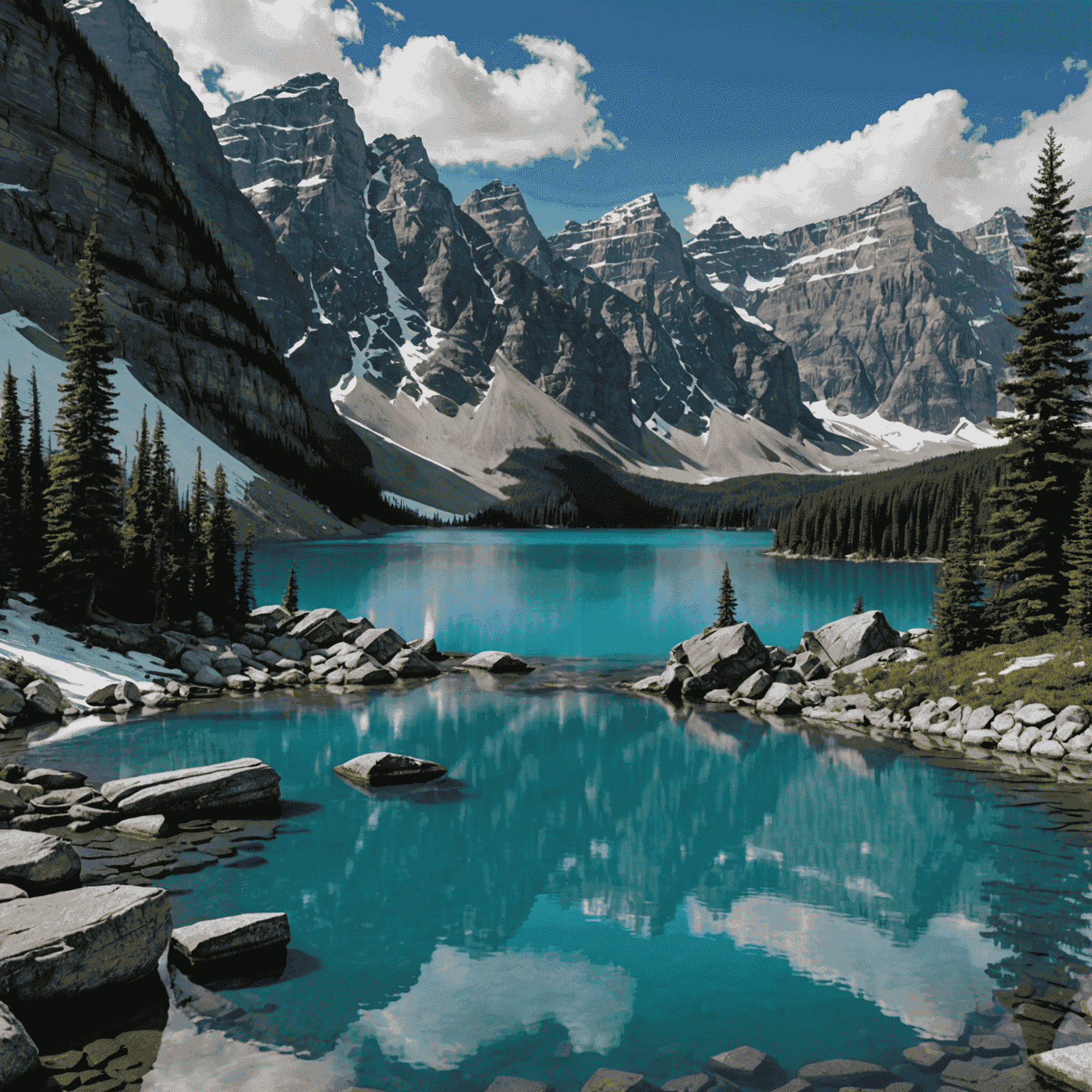 A breathtaking panoramic view of the turquoise waters of Moraine Lake nestled amidst the towering, snow-capped peaks of the Canadian Rocky Mountains in Banff National Park, Alberta.