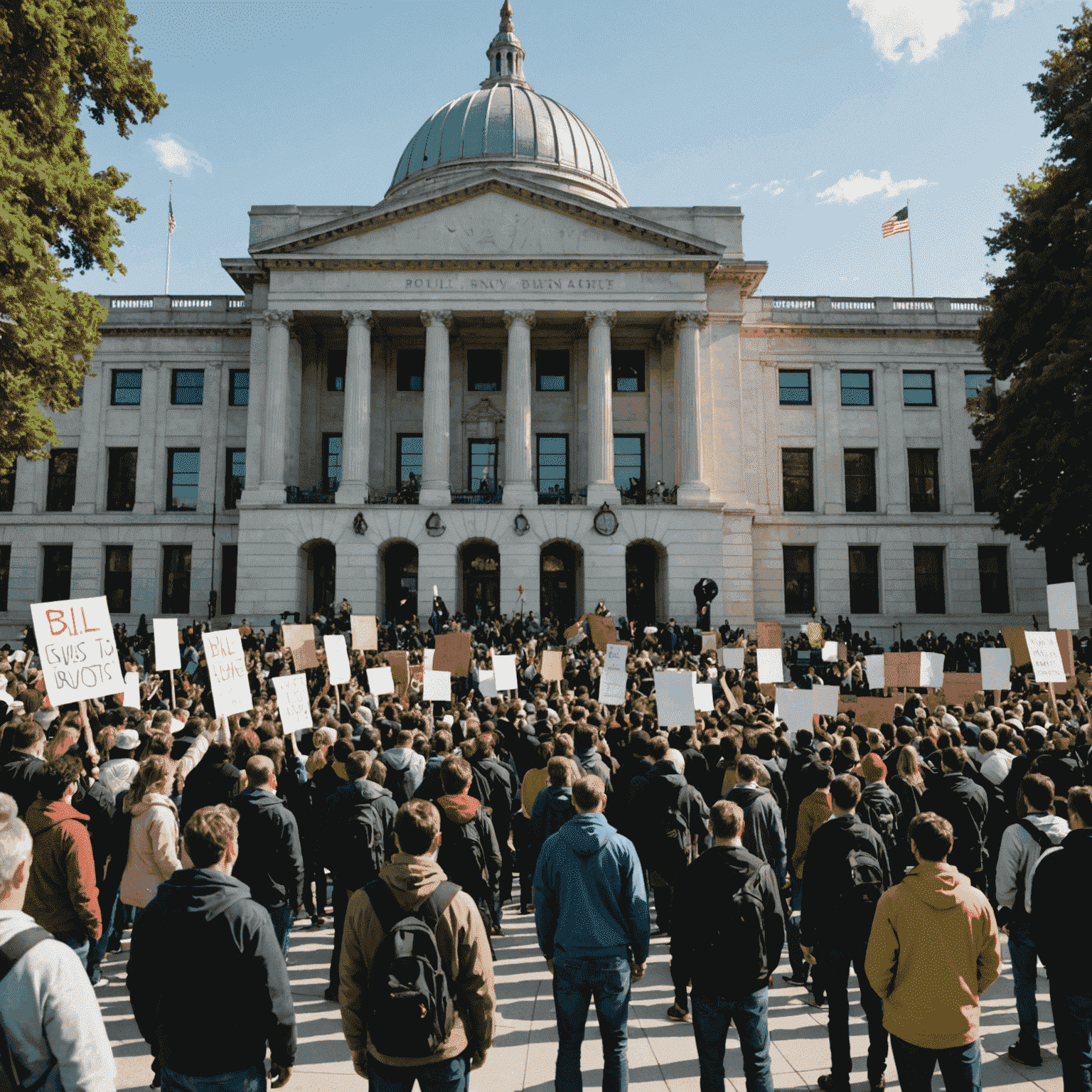 Protesters gathered outside a government building, demonstrating against a controversial bill.