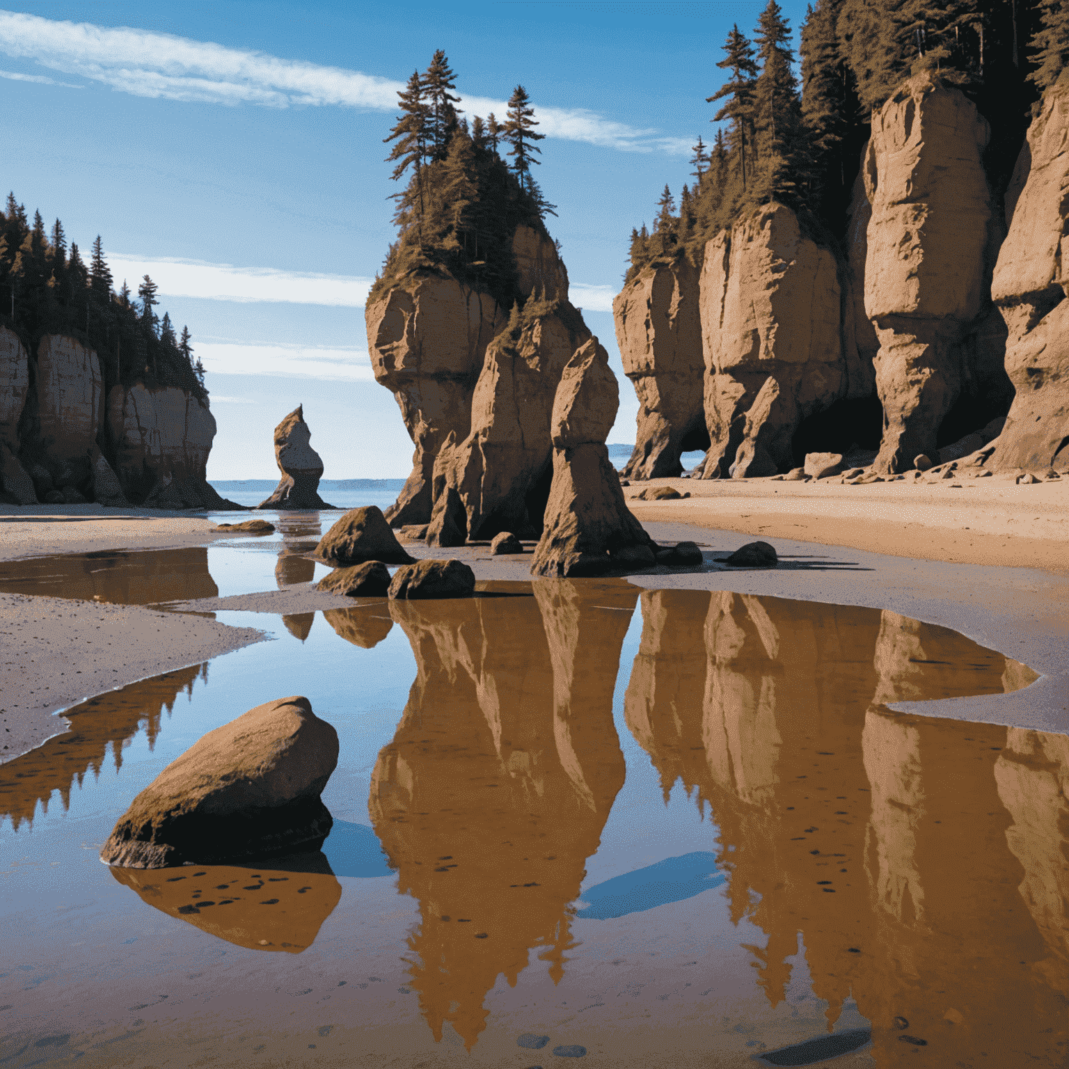 The iconic Hopewell Rocks in the Bay of Fundy during low tide, with tall, sculpted rock formations rising from the ocean floor