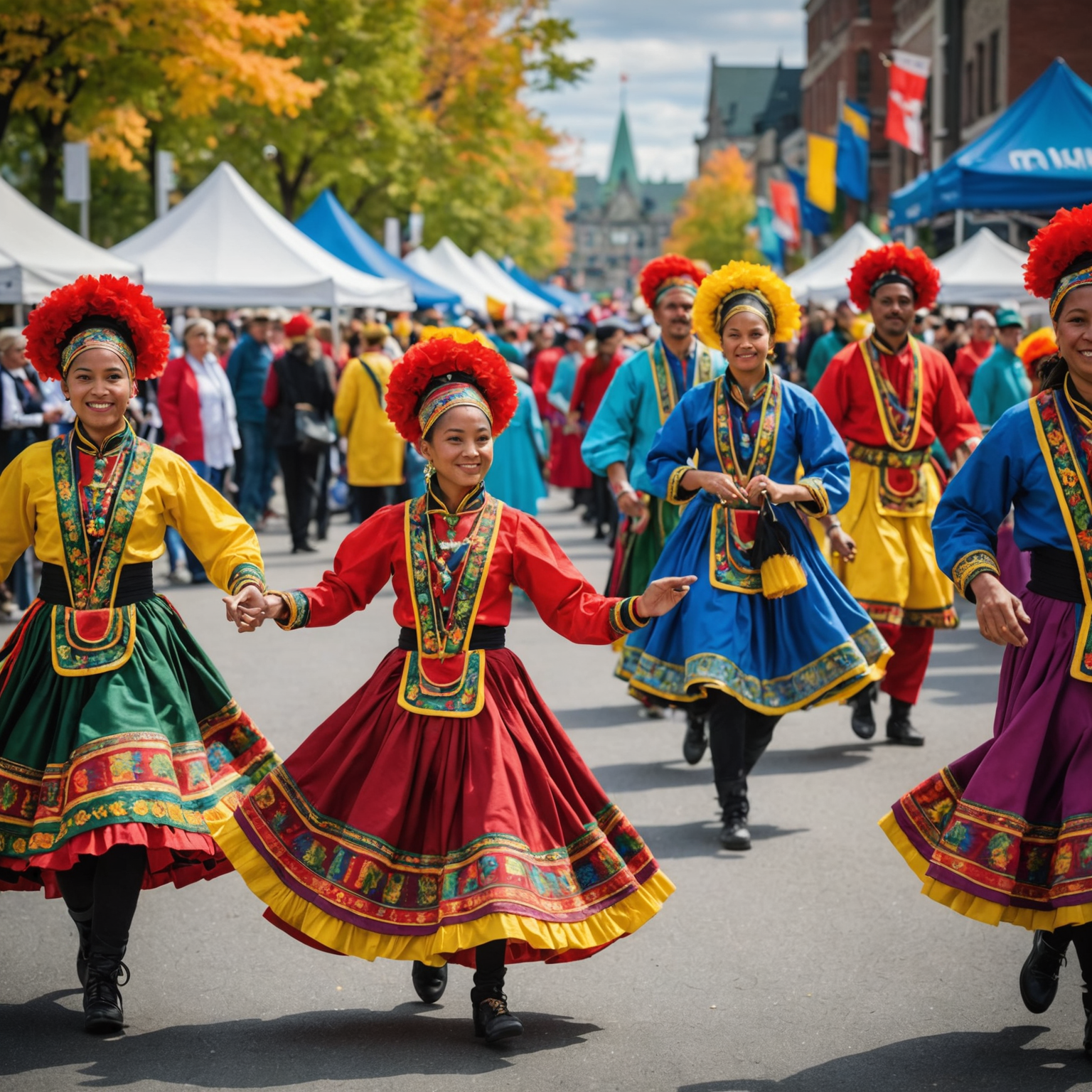 Vibrant images of various cultural festivals across Canada, showcasing colorful costumes, traditional dances, and delicious food from around the world.