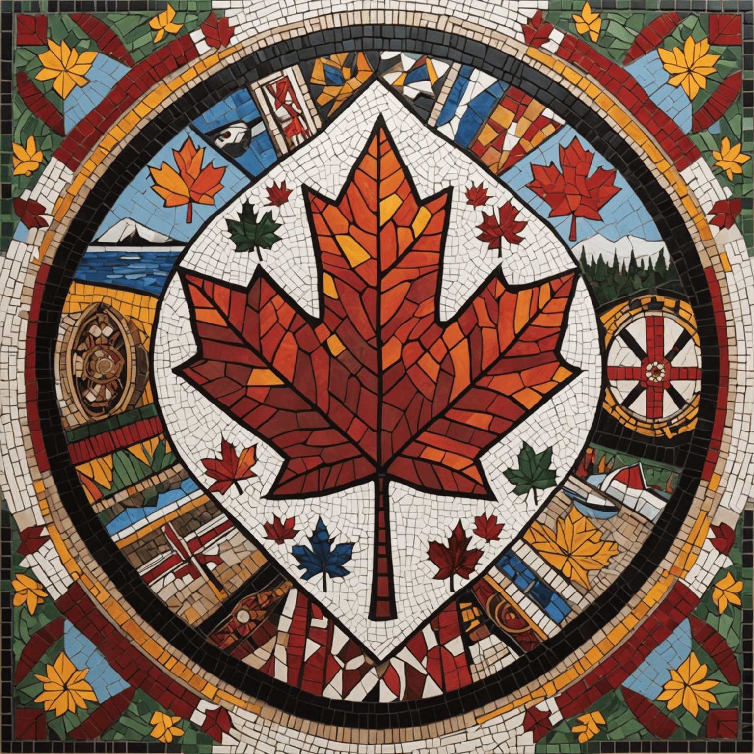 A vibrant mosaic depicting various aspects of Canadian culture, including Indigenous art, multicultural festivals, and iconic symbols like the maple leaf and hockey.