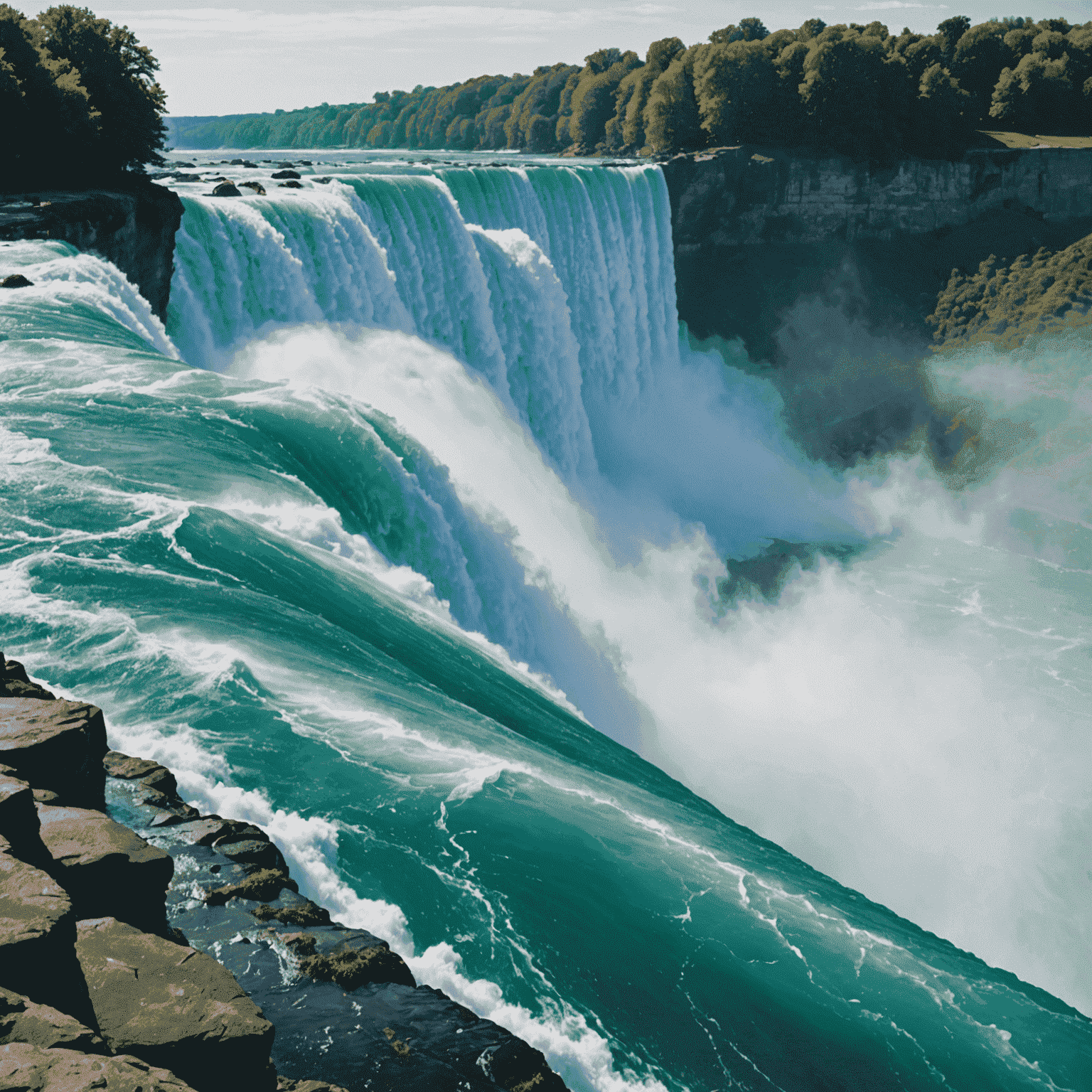 The majestic Horseshoe Falls at Niagara Falls, with a massive wall of water cascading over the edge and creating a misty spray