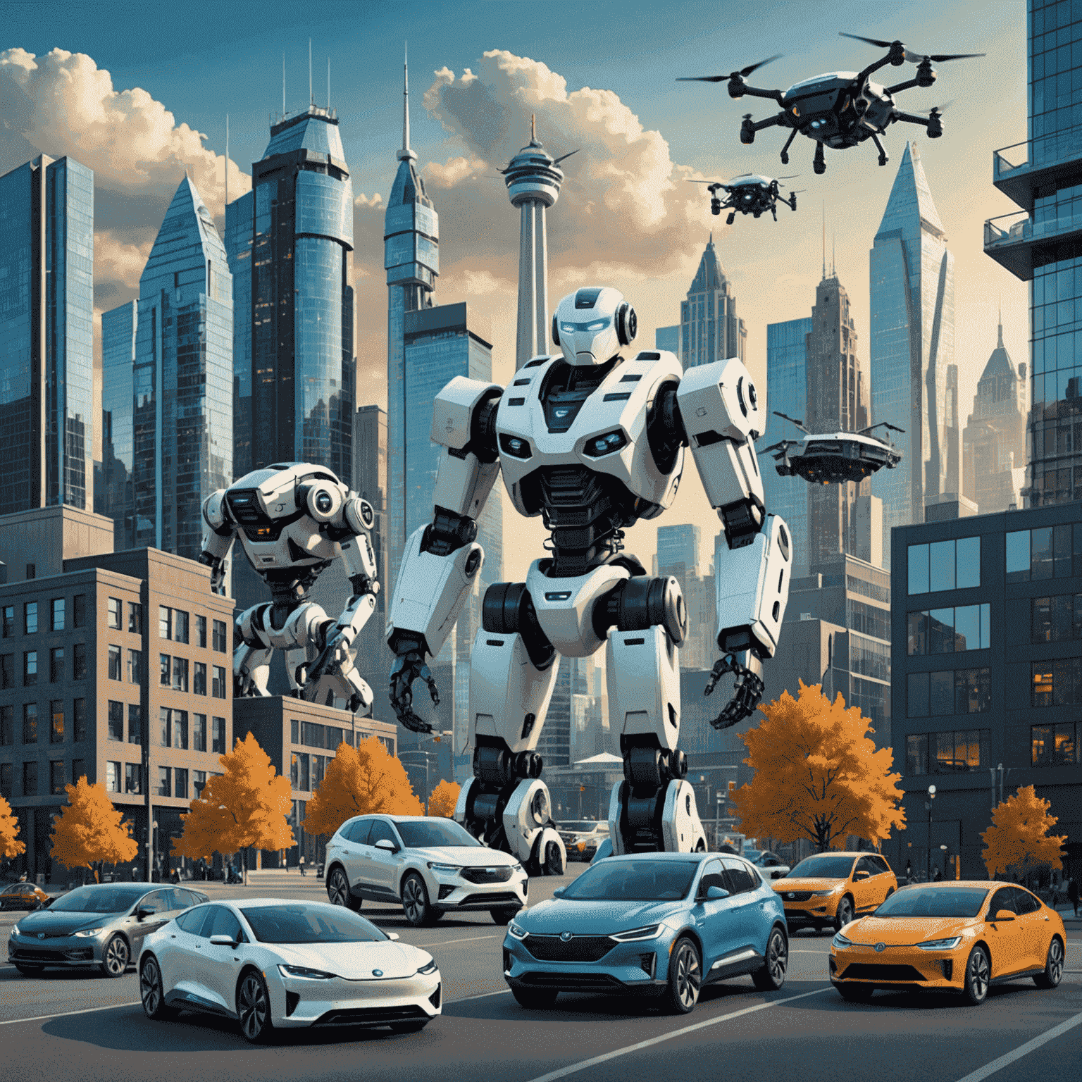 A collage featuring various Canadian technological innovations, such as AI-powered robots, electric vehicles, and advanced renewable energy systems, set against a futuristic cityscape.